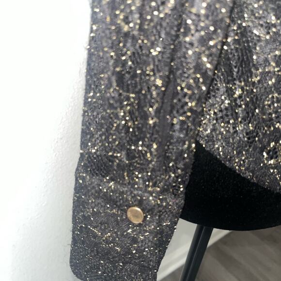 ZARA Sheer Black Lace Gold Buttons Long Sleeve Blouse Top Shimmery NWT - Picture 4 of 7